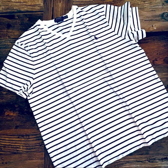 🍁 SALE POLO RALPH LAUREN Iconic Navy & White Striped V-Neck T-Shirt - Picture 1 of 3
